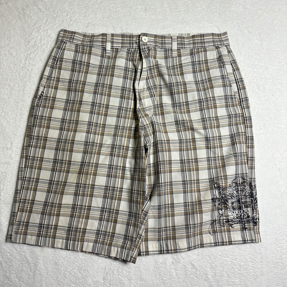 Vtg 90s Pacific Scene Tan Brown Plaid Graphic Crest Shorts Mens 36 Surf Skater